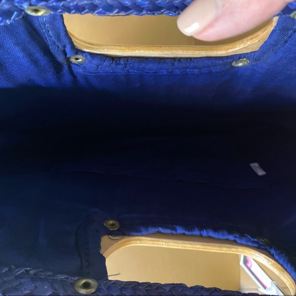 Vintage Woolworth Deadstock NWT Straw Bag Purse Navy Blue Clutch Wood Handle - Picture 5 of 7